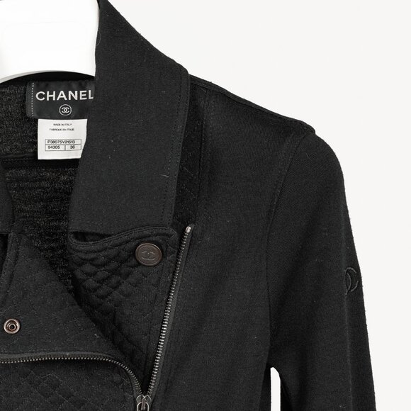 Chanel Black Wool Quilted Moto Jacket - Picture 4 of 12